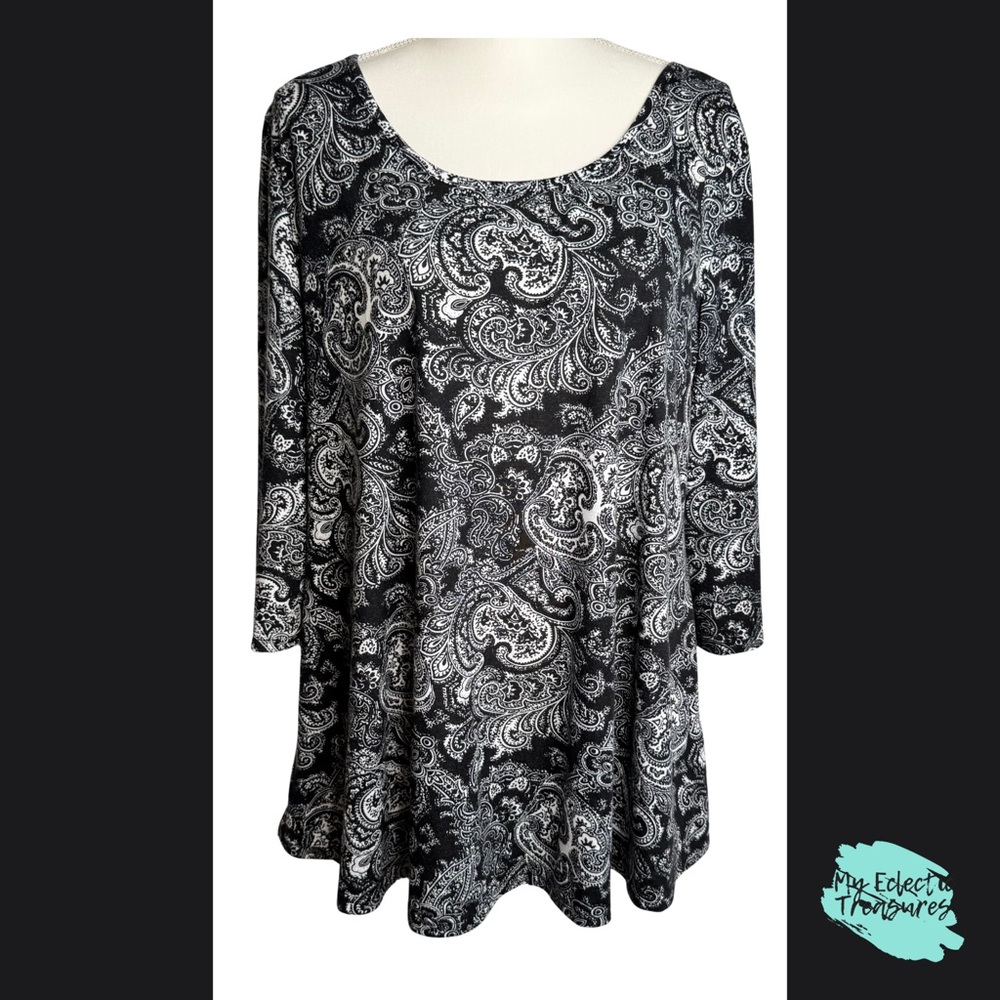 Nandashe Black White Paisley Tunic Top 3/4 Sleeve Flowy Stretch XXL